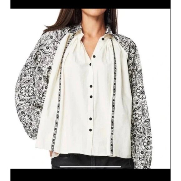 Roller Rabbit Lodi Embroidered Adrianna Cotton Black Floral Ivory Blouse Balloon - Picture 2 of 9